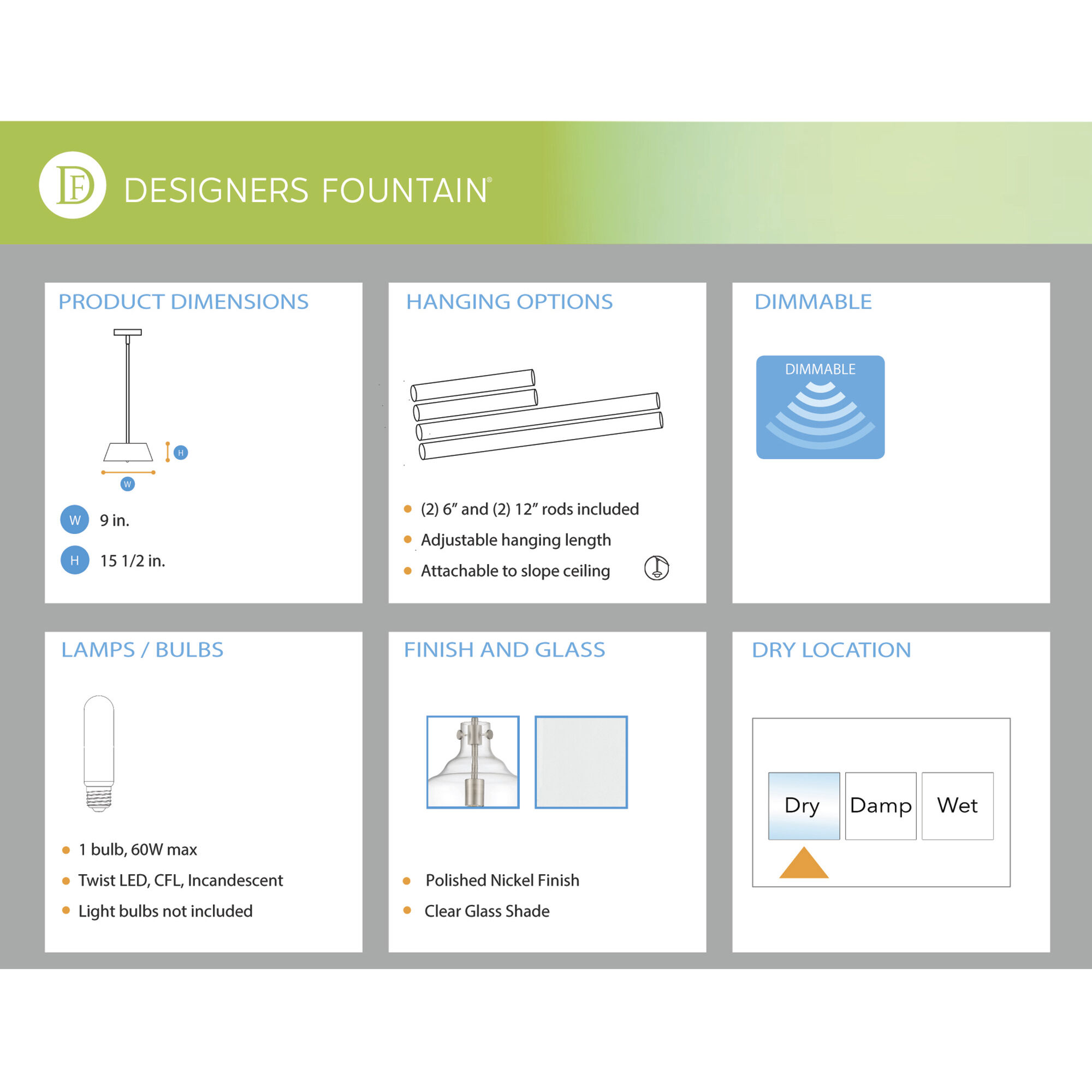 Moonlight 1 Light 9 inch Polished Nickel Pendant Ceiling Light